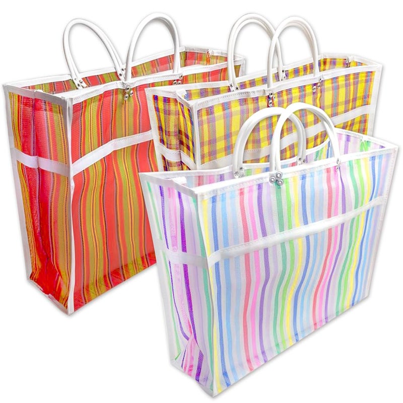 More Fiesta Pack of 3 Large Size Gusseted Mercado Bags - Mexican Tote Market Reusable Grocery Bag, Multipurpose High Thread Mesh Bag with Assorted Colors (13" x 15") - Image 1